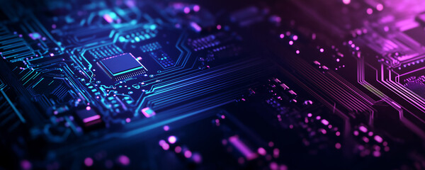 Dark blue circuit board banner with purple shadows.