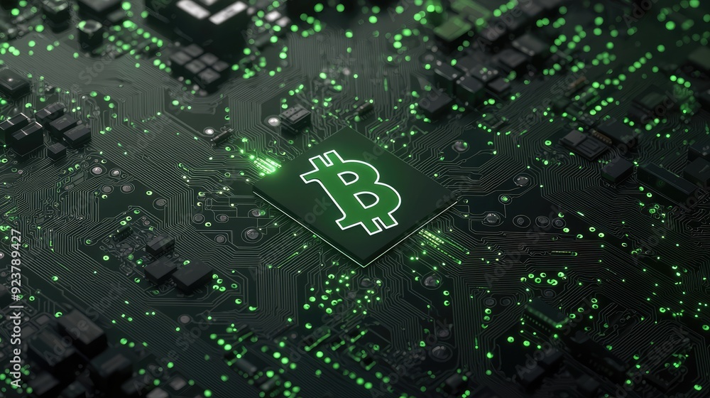 Poster technological financial growth - cyberpunk green digital circuit board with growing graphs and curre