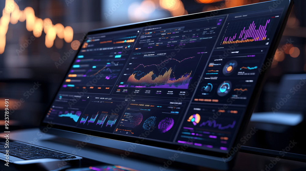 Poster a 3d financial dashboard with dynamic graphs, symbolizing comprehensive investment tracking