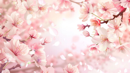Fototapeta premium Japanese Cherry Blossoms Background with Soft Pinks and Whites, Serene and Elegant Design with Detailed Branches and Petals, Tranquil and Delicate Look, HD Quality