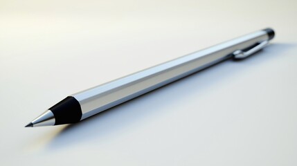 Fototapeta premium Sleek, silver mechanical pencil lies on a smooth, white surface. Its hexagonal barrel tapers to a fine point, A subtle shadow is cast by the pencil, emphasizing its clean lines and metallic sheen.