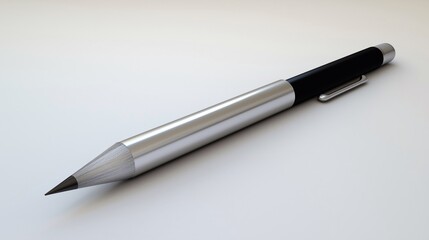 A sleek mechanical pencil with a silver barrel and black accents lies on a white surface. Used to assemble products Showcasing products, business and learning.