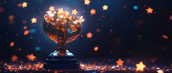 A 3D financial trophy with glowing stars, symbolizing investment achievements