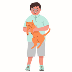 Caucasian happy boy holding a cat. Full length of cheerful little boy with a cat in his hands. Vector sketch illustration isolated on white background.