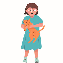 Cute girl holds a cute cat in her arms. Vector illustration.