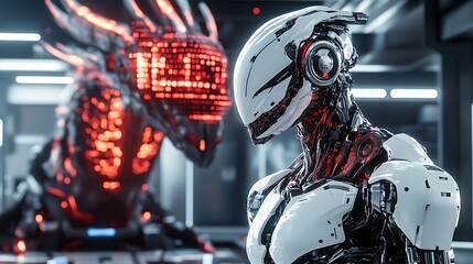 Fototapeta premium Futuristic Robot Guarding Virtual Dragon in Cyberpunk Control Room