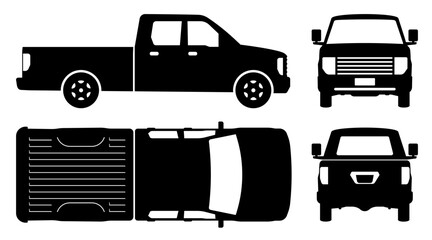 Pickup truck silhouette on white background. Vehicle icons set view from the side, front and back.
