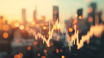 Fototapeta premium A blurred city skyline with a vibrant financial graph overlay, symbolizing economic trends and investment growth at sunset.