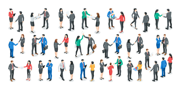 isometric vector set of business people in different work situations, in color on white background, office work or work relationships