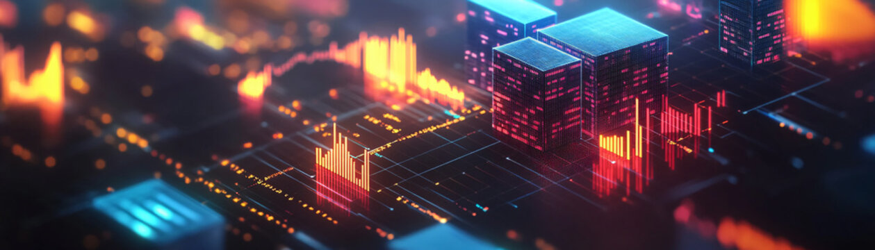 A 3D floating investment portfolio with glowing graphs, symbolizing diversified investments 3
