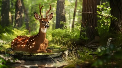 Fawn Resting in a Forest Stream.