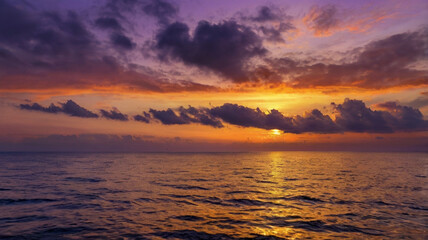 Oceanic Bliss at Sunset with Purple, Orange, and Yellow Sky
