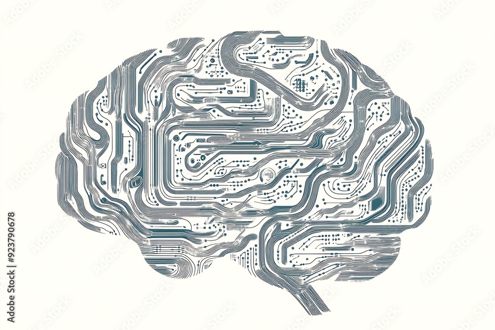 Poster a creative representation of a brain composed of circuit board patterns, symbolizing technology and 