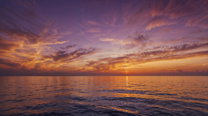 Ocean Horizon at Sunset with Stunning Purple, Orange, and Yellow Sky
