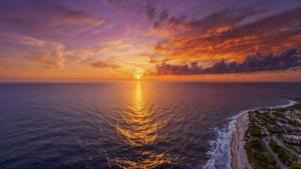 Majestic Seaside Sunset: Purple, Orange, and Yellow Sky Reflecting on the Ocean
