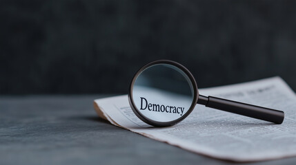magnifying glass over newspaper with the word Democracy on black stone background