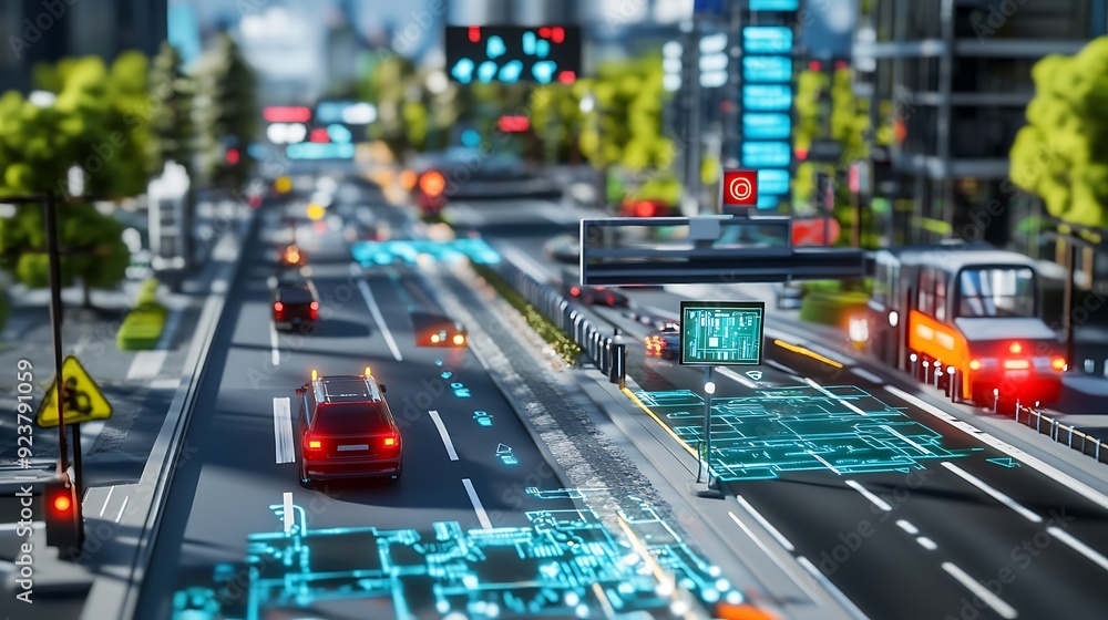 Poster smart city infrastructure with ai-optimized traffic flow and augmented reality signage
