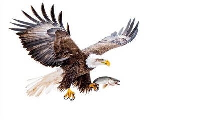 Obraz premium Eagle with Prey, a striking depiction of an eagle grasping a fish, symbolizing survival and skill, set against a pristine white background for dramatic emphasis