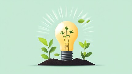 A light bulb sprouting plants, symbolizing eco-friendly innovation and sustainable energy. Nature meets creativity in harmony.