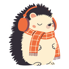 Vector illustration on white background in children's style. Cute hedgehog listening to music with headphones and scarf. Cute winter illustration . Vector illustration © Alena