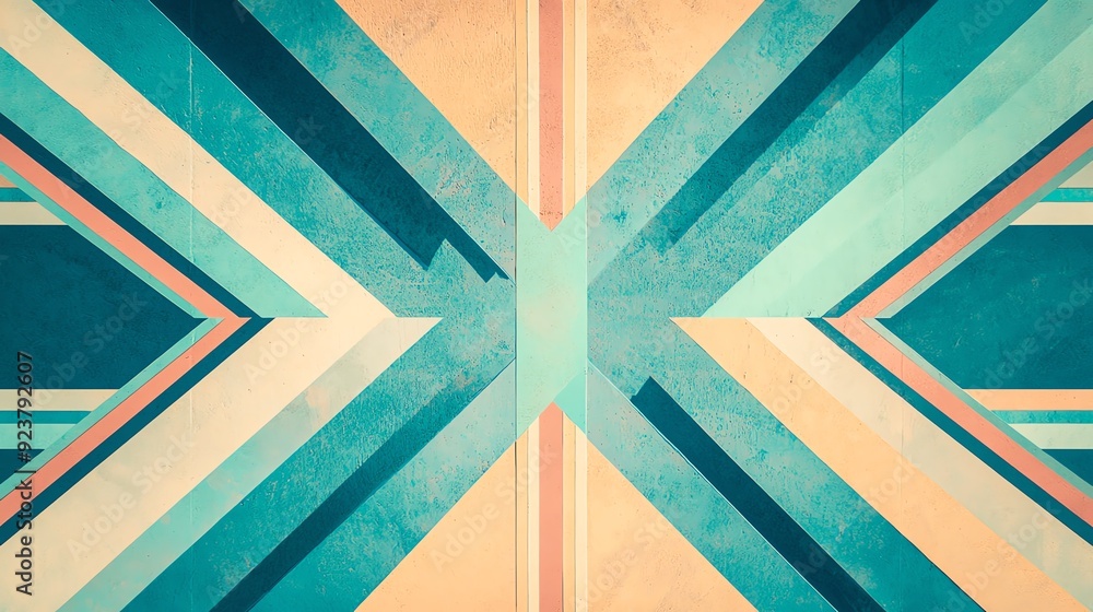 Poster a vibrant abstract pattern featuring geometric lines and shapes in soft pastel colors, ideal for mod