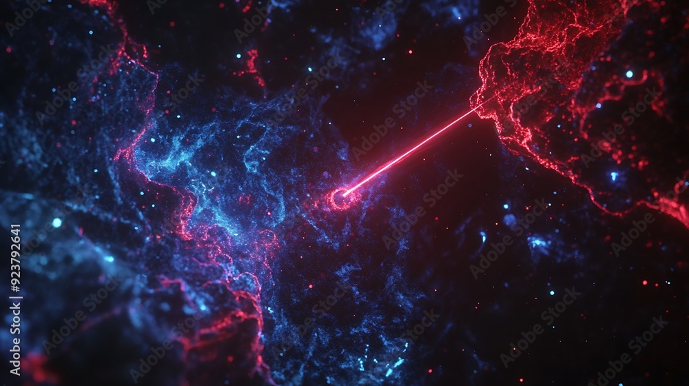 Poster illuminating the abyss: laser pen delicately traversing a cosmic void with intricate patterns