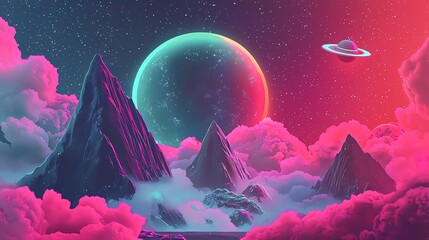 A vibrant, surreal landscape featuring mountains, clouds, and a distant planet, creating an otherworldly atmosphere.