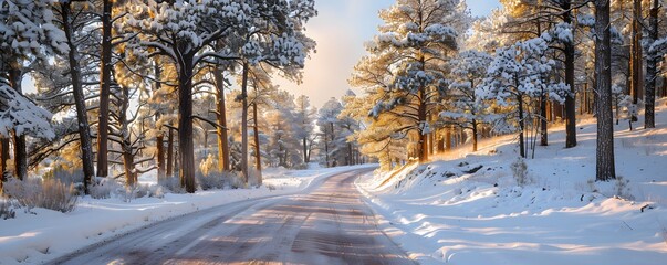 Fototapeta premium Snow-Covered Road Winding Through a Pine Forest at Sunset