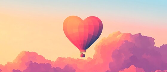 Fototapeta premium A vibrant hot air balloon shaped like a heart floats among soft, colorful clouds in a serene sky, symbolizing love and adventure.