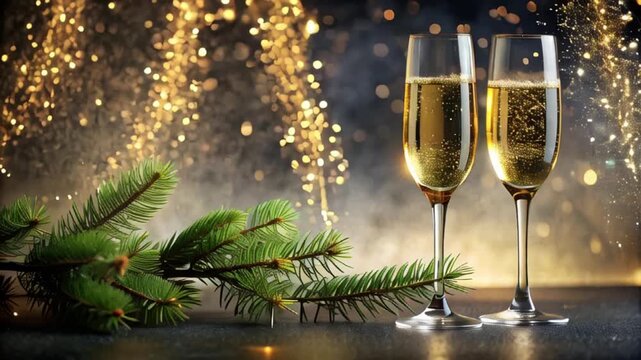Two champagne glasses on festive glitter background, Happy New Year concept , Copy space, slow mooving video	
