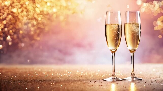 two glasses of champagne on pink  blurred glitter background, congratulations, birthday, anniversary, Happy New Year concept, copy space, slow mooving video