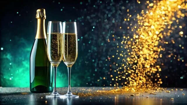 a bottle of champagne and glasses on a festive shiny background, congratulations, Birthday, anniversary, Happy New Year concept,  Copy space, slow mooving video		