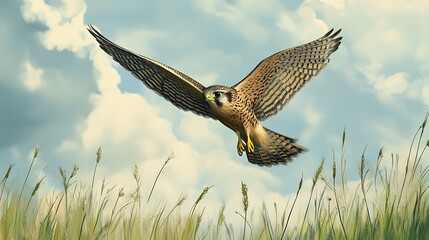 Majestic Kestrel Hovering in a Vibrant Grassy Field - Illustration of Beautiful Bird of Prey in Nature