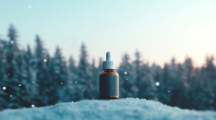 A winter scene featuring a serum bottle on snow, surrounded by a serene forest backdrop, perfect for skincare and wellness themes.