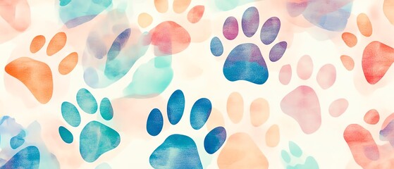 A vibrant watercolor background featuring colorful paw prints, perfect for pet-related designs and animal-themed projects.