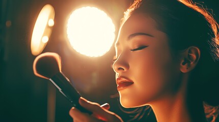 Fototapeta premium A woman applying makeup with a brush, illuminated by soft stage lights, showcasing beauty and self-care.