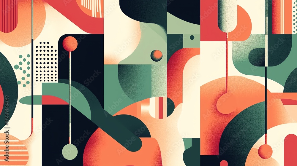 Poster abstract composition featuring vibrant geometric shapes and patterns in a modern design, perfect for