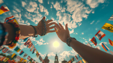 International Friendship Day, human hands up on background of flags of various countries and sky
