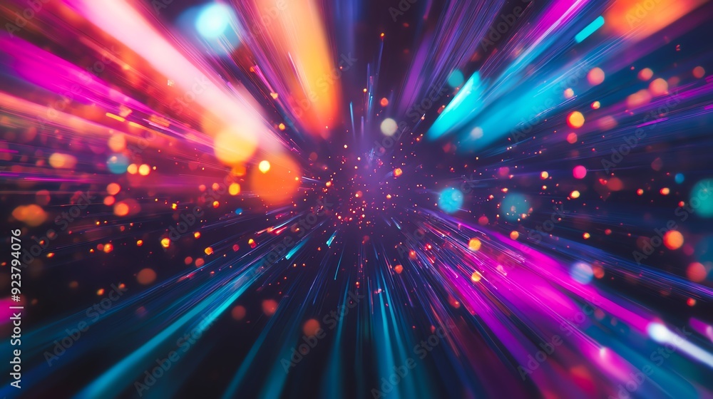 Poster abstract light trails radiating in vibrant colors, creating a dynamic and energetic visual effect ag