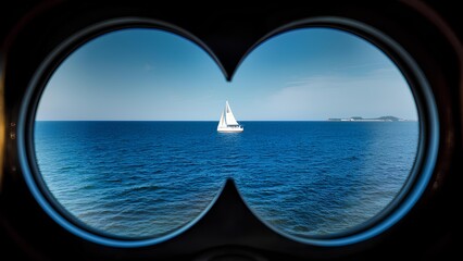 Fototapeta premium A sailboat sails in the ocean near the shore. A yacht with a white sail in the open sea. A boat with a sail on the waves of a calm sea. View through a telescope, through binoculars.