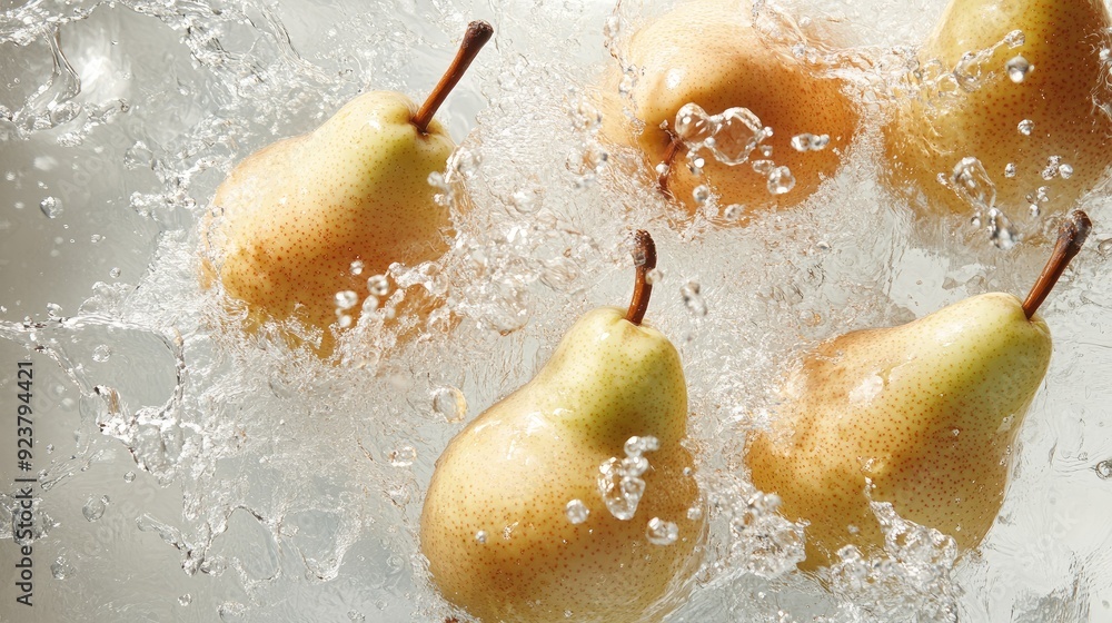Poster fresh pears with water splashes from above. ideal for adding text or promotional content on the righ