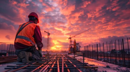 A construction worker, fully geared with a red helmet, orange reflective vest, and white gloves, guiding an excavator on uneven ground. The background shows rebar and concrete.