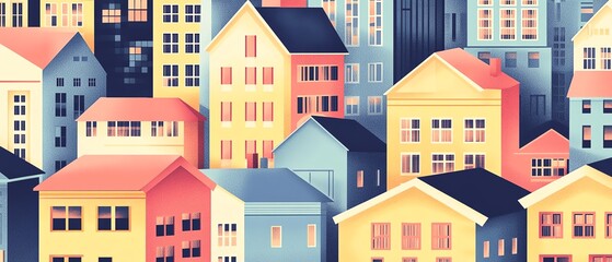 Obraz premium Colorful houses pattern showcasing vibrant architecture in a lively neighborhood, perfect for design projects or urban themes.