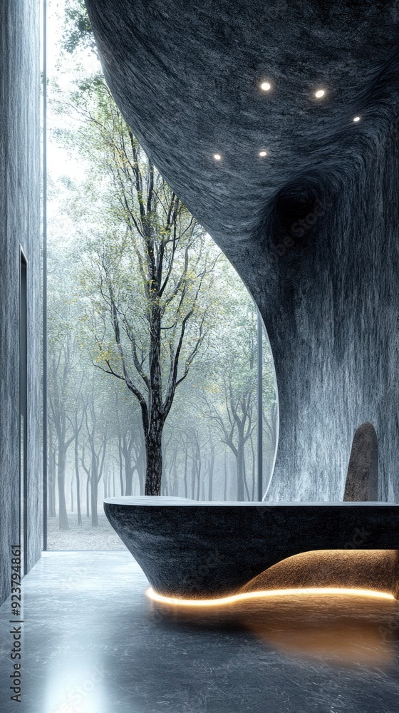 Poster modern architectural design with a curved concrete ceiling and a view of a forest