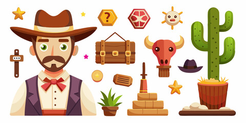 Wild west vector icon set, cartoon game UI cowboy object, sheriff golden badge, cow skull on white. Wanted parchment poster, wooden road sign board, canyon cactus, stone. Wild west adventure element