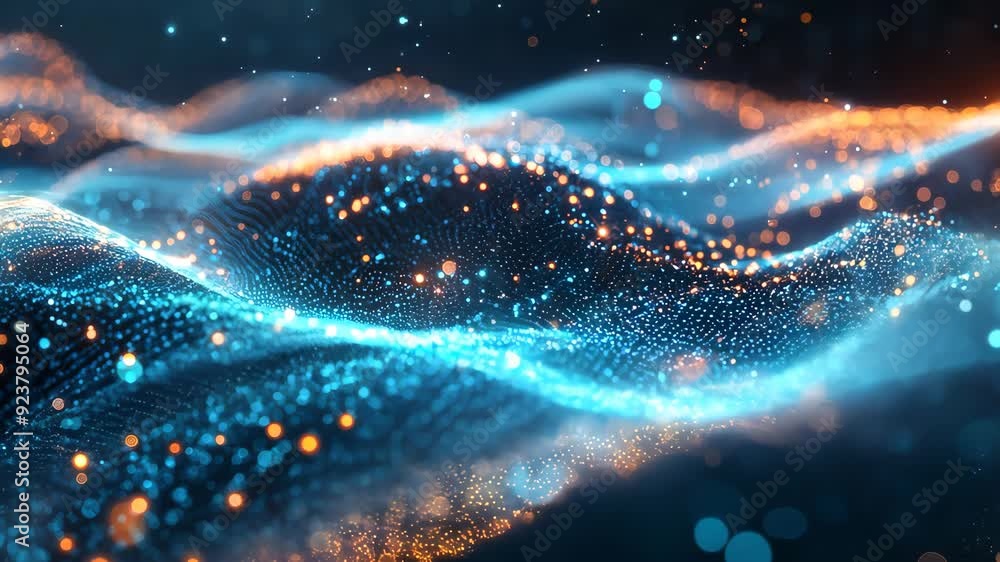 Poster dynamic waves of glowing particles in abstract digital landscape
