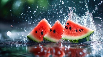 Fresh watermelon slices splashing in water. Ideal for adding text or promotional content