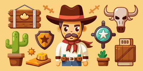 Wild west vector icon set, cartoon game UI cowboy object, sheriff golden badge, cow skull on white. Wanted parchment poster, wooden road sign board, canyon cactus, stone. Wild west adventure element