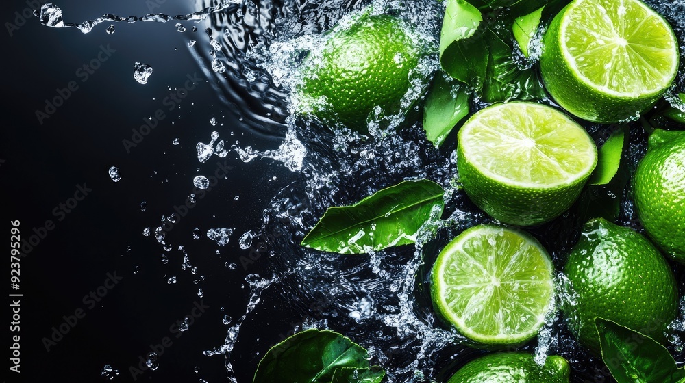 Poster freshly cut limes with splashes of water from above. copy space on the left for text