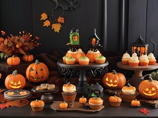 festive halloween themed table setting decorated with an assortment of spooky and sweet treats on a dark wooden background.